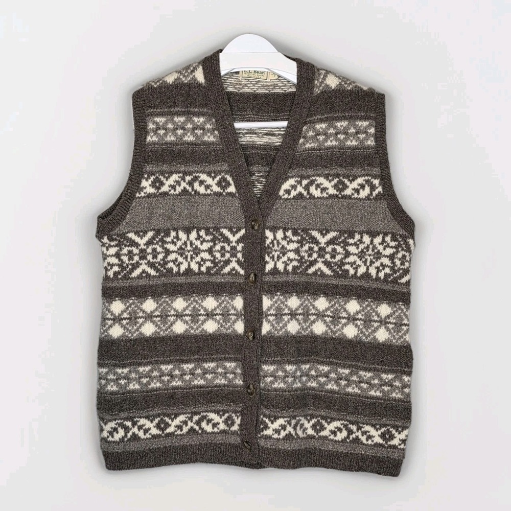 LL Bean Knit Button Sweater Vest‎ Men Lg Brown Wool Grandpa Core Fair Isle Cabin